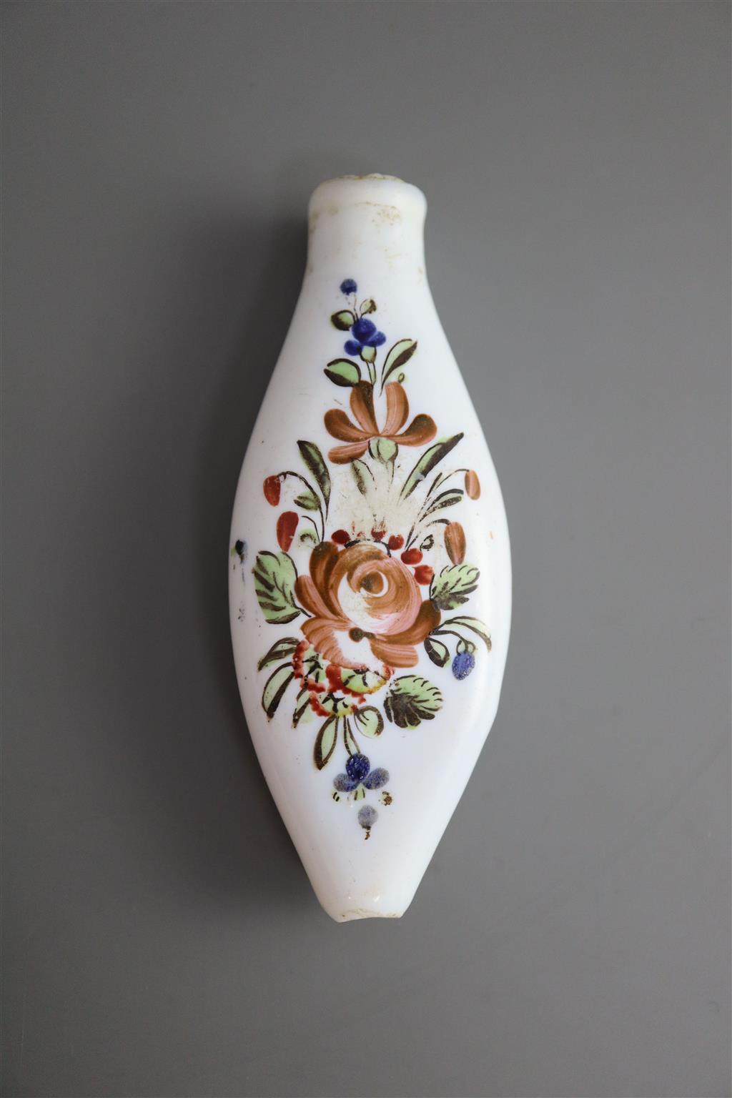 A George III enamelled white glass scent bottle, late 18th century, 8.9cm long
